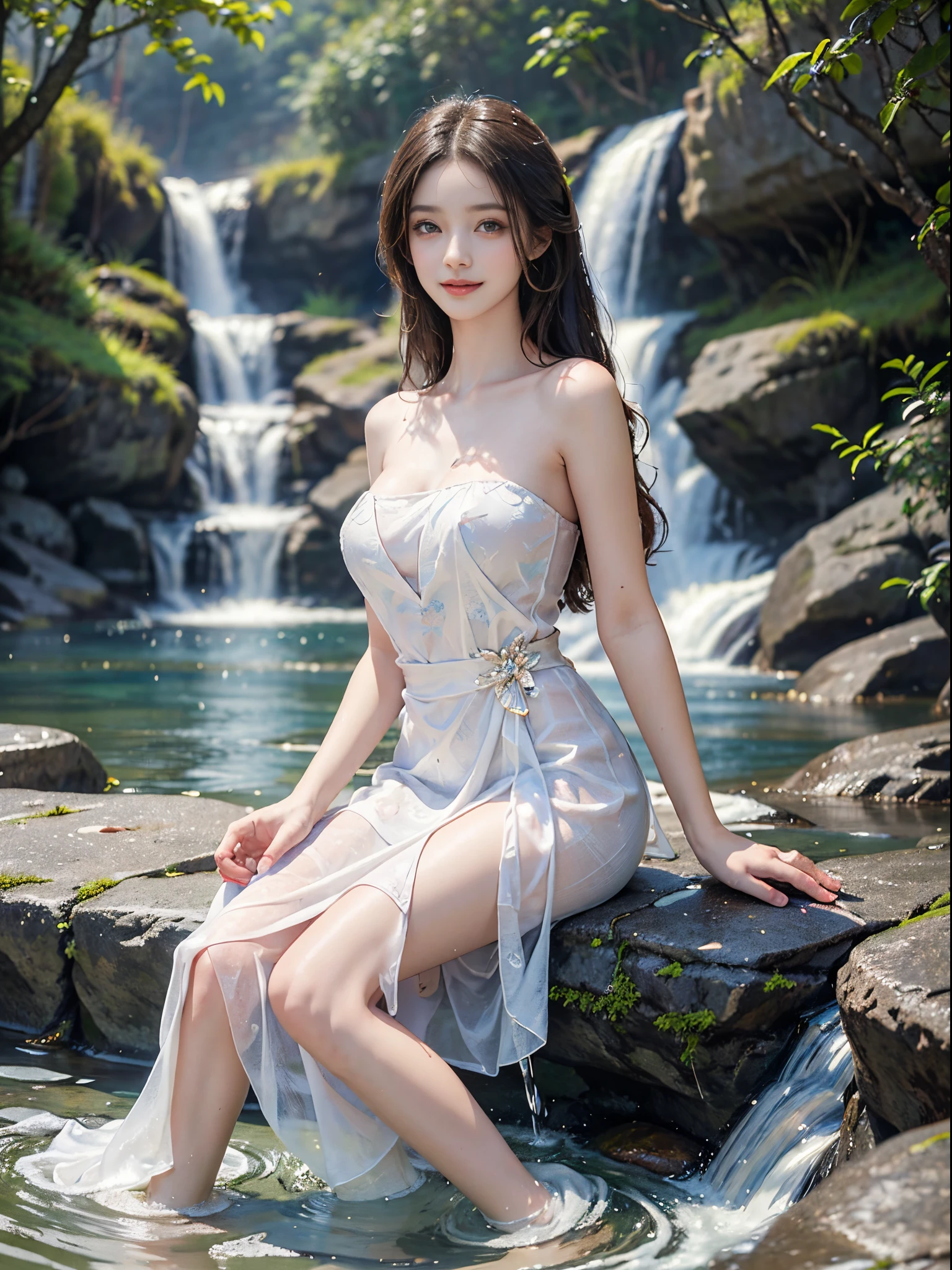 (best quality, masterpiece:1.2), ultra-detailed, (realistic:1.37), beautiful, youthful, glamorous model with (detailed eyes, detailed lips, extremely detailed eyes), Sweet girl clothes4,strapless dress,jewelry,sitting under a waterfall, sitting on a rock by the river, surrounded by rocks or a temple or a bridge, in a knee shot, with white and floral colors, showcasing a radiant smile, slender figure, long legs, creating a breathtaking depiction of a girl enjoying the water,  realistic waterfalls, wet clothes and hair, radiant sunlight, lush greenery, refreshing mist