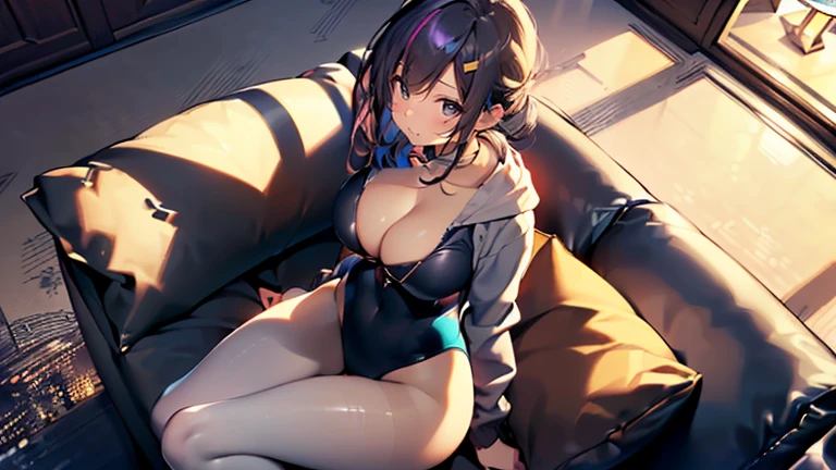 (top-quality,High resolution,(Ultra high definition,4K), (超A high resolution,in 8K),masutepiece:1.2), (Perfect Anatomy,Anatomically accurate), (Angle from above), (Soft lighting, 光线追踪), (Two cute high school girls), High-definition beauty face, (Over pantyhose, (((Sitting on a sofa in the lobby of a luxury hotel, legs wide open))), (gray hoodie), cleavage of the breast, (Colorful leotard swimsuit), (Crisp double eyelids), (fascinated expression),(Large breasts:1.3), NSFW,(Soft skin), (Photorealistic), (Glowing skin), (colourful hair)