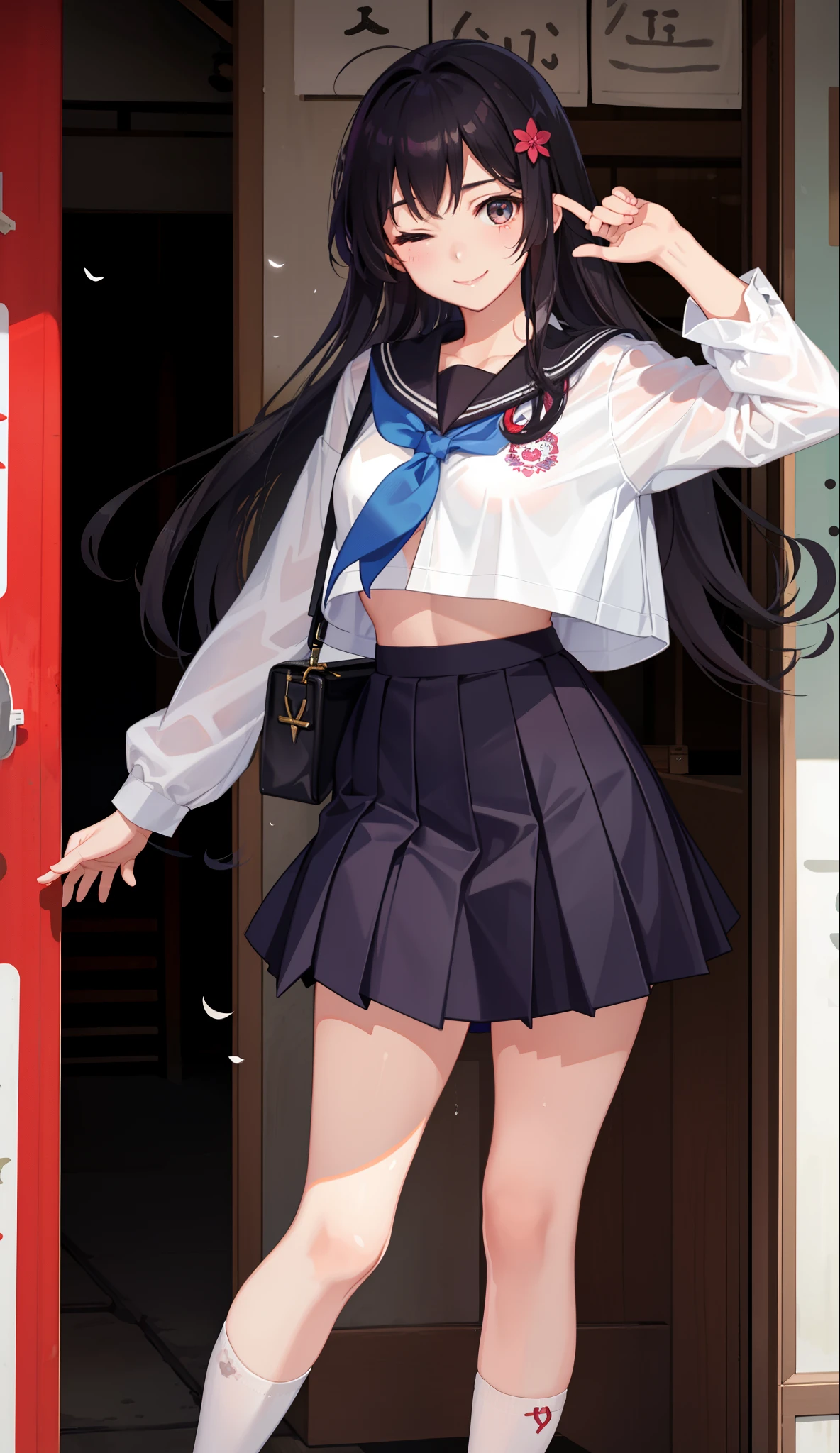 1girl in、A smile、The shirt、skirt by the、Light in the eyes、one eye closed、Wink、(small tits)Chilarism、Japan High School Student Uniform、serafuku、summer clothing、Squall Drenched Uniform、Sheer Bra、(Portrait from the knee up)、