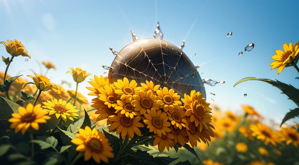 microcosm , tmasterpiece , macro photography , cobweb, filmgrain, bokeh , smokes , The is very detailed, bright weather, Microflower, The drops, bblurry, Realistic marigold close-up, Sky blue background, subdued contrasts, octaneratingrendering , unreal-engine