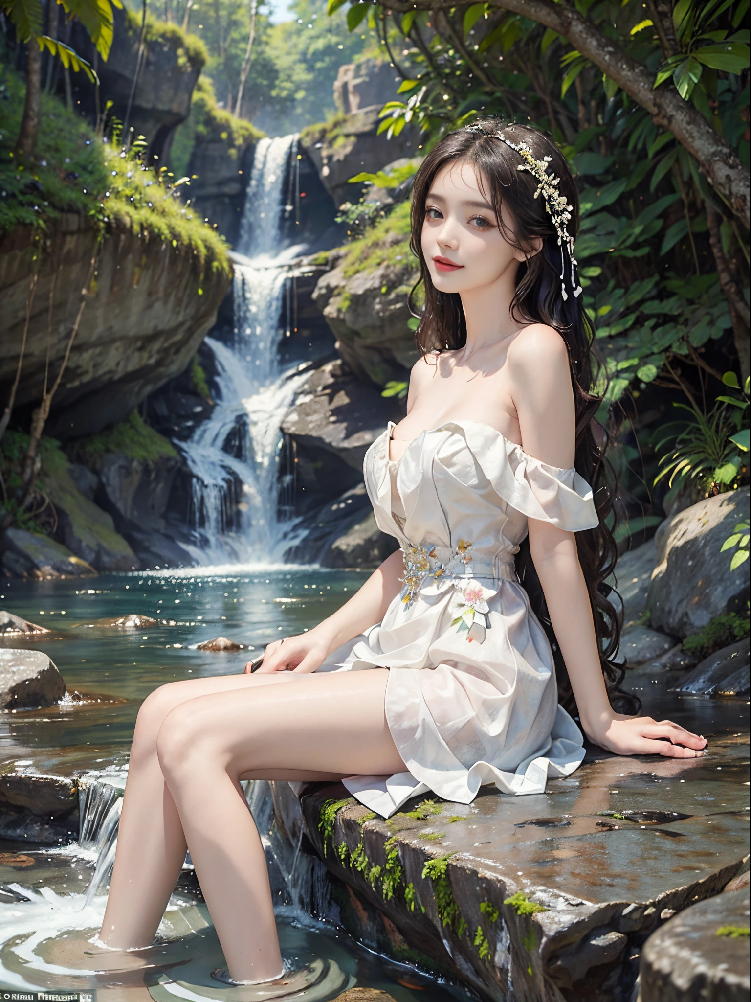 (best quality, masterpiece:1.2), ultra-detailed, (realistic:1.37), beautiful, youthful, glamorous model with (detailed eyes, detailed lips, extremely detailed eyes), Sweet girl clothes4,strapless dress,jewelry,sitting under a waterfall, sitting on a rock by the river, surrounded by rocks or a temple or a bridge, in a knee shot, with white and floral colors, showcasing a radiant smile, slender figure, long legs, creating a breathtaking depiction of a girl enjoying the water,  realistic waterfalls, wet clothes and hair, radiant sunlight, lush greenery, refreshing mist