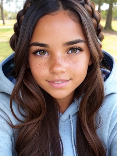 1girl. Tan skin, freckles on nose, freckles on cheeks, dark brown hair, wavy hair, hair braid, pregnant, hoodie
