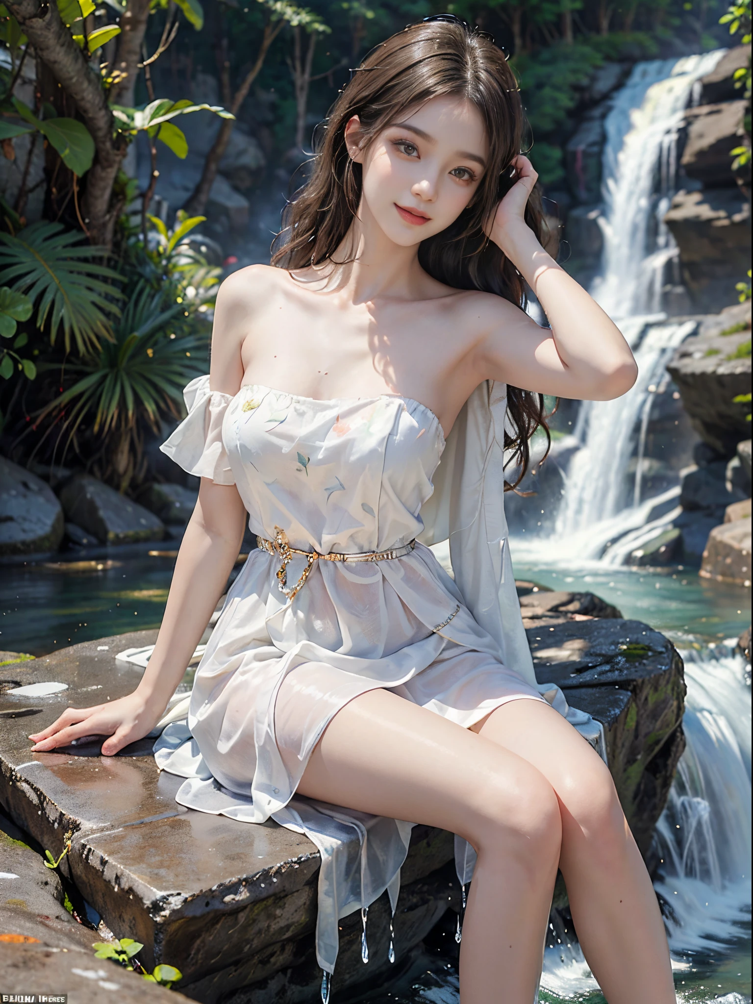 (best quality, masterpiece:1.2), ultra-detailed, (realistic:1.37), beautiful, youthful, glamorous model with (detailed eyes, detailed lips, extremely detailed eyes), Sweet girl clothes4,strapless dress,jewelry,sitting under a waterfall, sitting on a rock by the river, surrounded by rocks or a temple or a bridge, in a knee shot, with white and floral colors, showcasing a radiant smile, slender figure, long legs, creating a breathtaking depiction of a girl enjoying the water,  realistic waterfalls, wet clothes and hair, radiant sunlight, lush greenery, refreshing mist