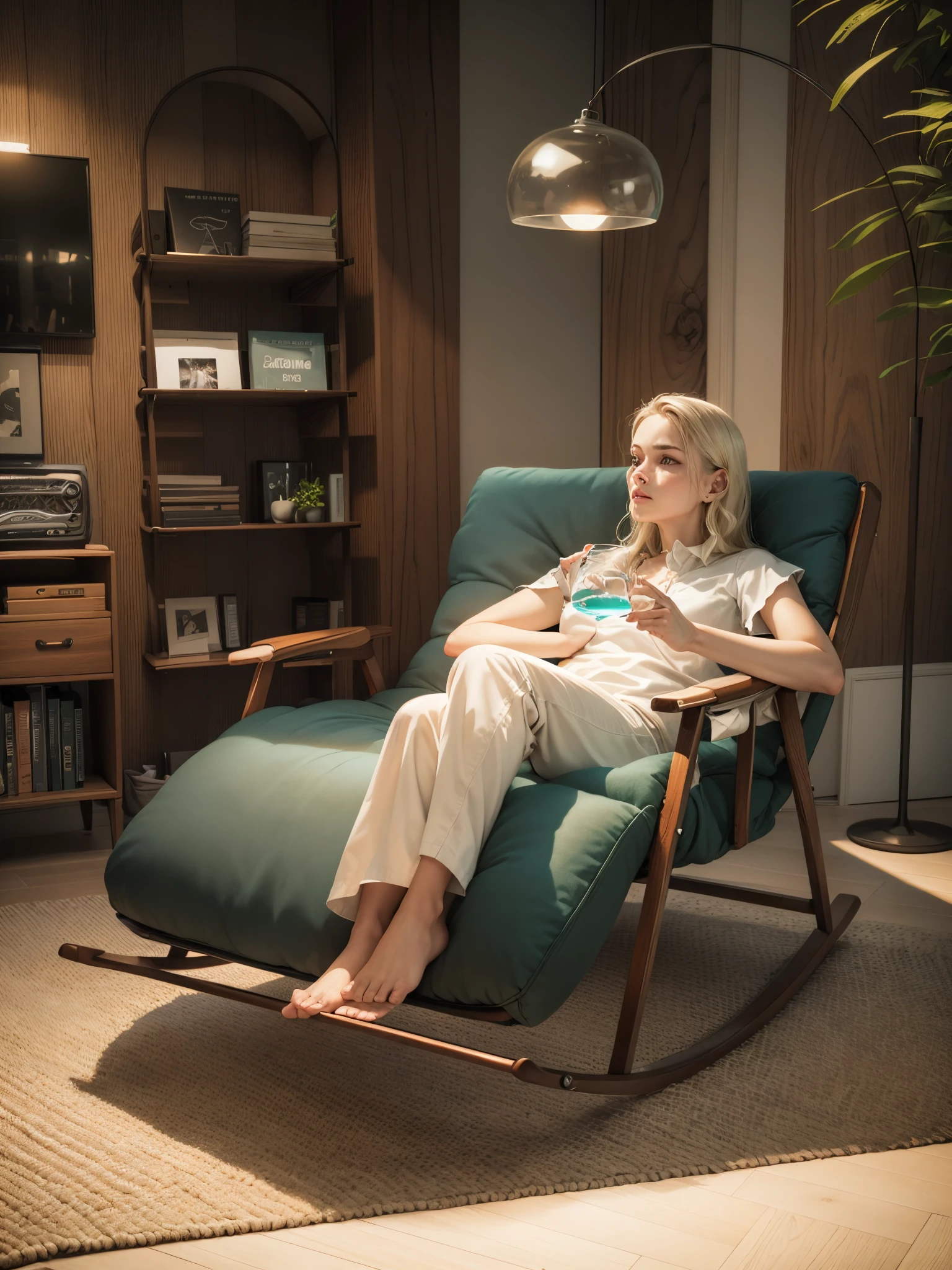 woman sitting in rocking chair holding water glass, in a comfortable chair, sitting on a rocking chair, Gaming chairs, comfortable chair, relaxing on a modern couch, real reality images, cozy arm chairs, sitting on a rocking chair, relaxing on the couch, imagem de qualidade alta, placed in a living room, placed in a large living room