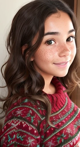 1girl. Tan skin, freckles on nose, freckles on cheeks, dark brown hair, wavy hair, pregnant, sweater, Christmas, full body, wide angle, huge breasts