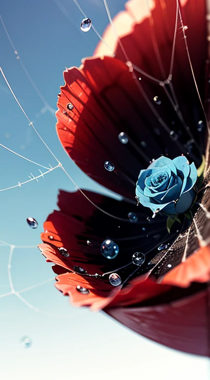 microcosm , tmasterpiece , macro photography , cobweb, filmgrain, bokeh , smokes , The is very detailed, bright weather, Microflower, The drops, bblurry, Realistic red rose close-up, Sky blue background, subdued contrasts, octaneratingrendering , unreal-engine
