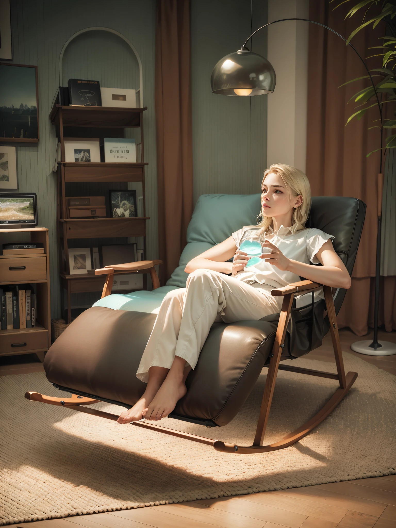 woman sitting in rocking chair holding water glass, in a comfortable chair, sitting on a rocking chair, Gaming chairs, comfortable chair, relaxing on a modern couch, real reality images, cozy arm chairs, sitting on a rocking chair, relaxing on the couch, imagem de qualidade alta, placed in a living room, placed in a large living room