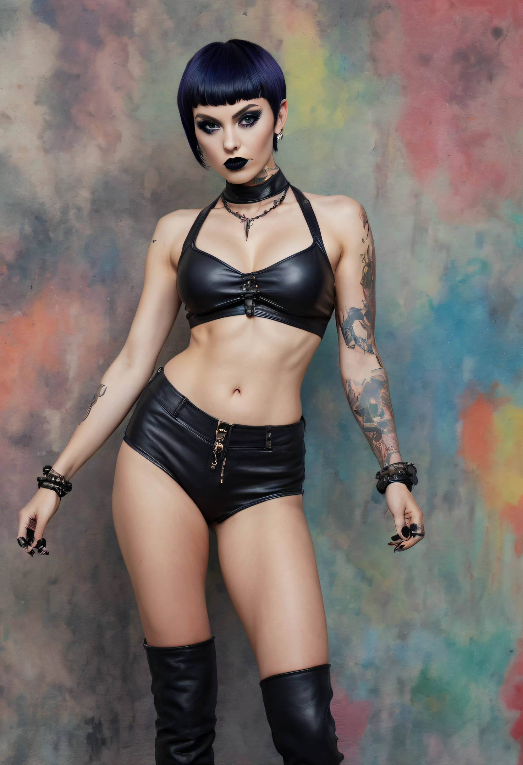 a bright, extremely colorful, watercolor stained wall in the background -- an extremely beautiful, thin, petite, athletically muscular Tina Tarzan, the screamo rock goddess, with pixie-cut black hair, multiple heavy metal tattoos, multiple piercings, and an extremely stacked body, with great big, giant tits, wearing an extremely short, scanty, black leather string bikini and knee-high platform boots, black lipstick, black, sultry eye shadow, black fingernail polish, professional quality digital photograph, in the style of Gilbert Stuart,