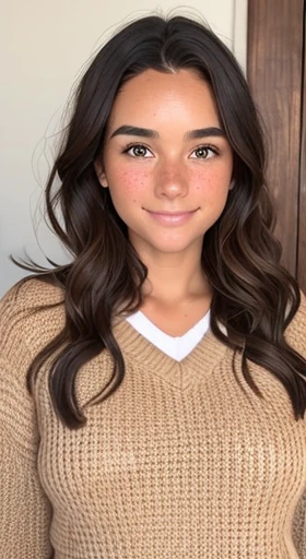 1girl. Tan skin, freckles on nose, freckles on cheeks, dark brown hair, wavy hair, pregnant, sweater, Christmas