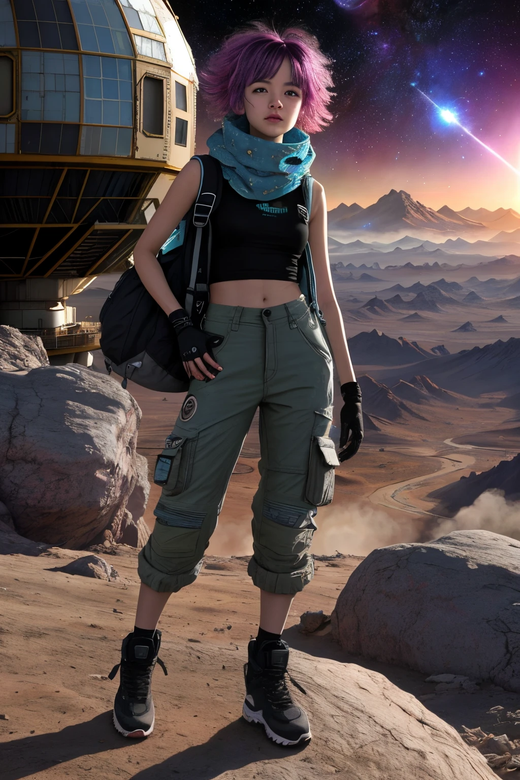 Gloria Dawn on Another planet, shabby Scavenger Outfit: Worn-out, dust-covered utility jacket, faded black tank top, cargo pants with patchwork repairs, sturdy scuffed combat boots, fingerless gloves, multipurpose scarf. (messy bobbed hair), Galactic Observatory, Space observatory studying distant galaxies, black holes, and cosmic phenomena. bright morning sunlight shining (zrpgstyle) (masterpiece:1.2) (best quality:1.2) (detailed) (intricate) (8k) (HDR) (cinematic lighting) (sharp focus)
