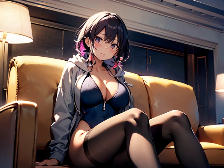 (top-quality,High resolution,(Ultra high definition,4K), (超A high resolution,in 8K),masutepiece:1.2), (Perfect Anatomy,Anatomically accurate), (Angle from below), (Soft lighting, 光线追踪), (Two cute high school girls), High-definition beauty face, (Over pantyhose), ((Sitting on a sofa in the lobby of a luxury hotel, legs wide open)), (gray hoodie), cleavage of the breast, (Colorful leotard swimsuit), (Crisp double eyelids), (fascinated expression),(Large breasts:1.3), ,(Soft skin), (Photorealistic), (Glowing skin), (colourful hair)