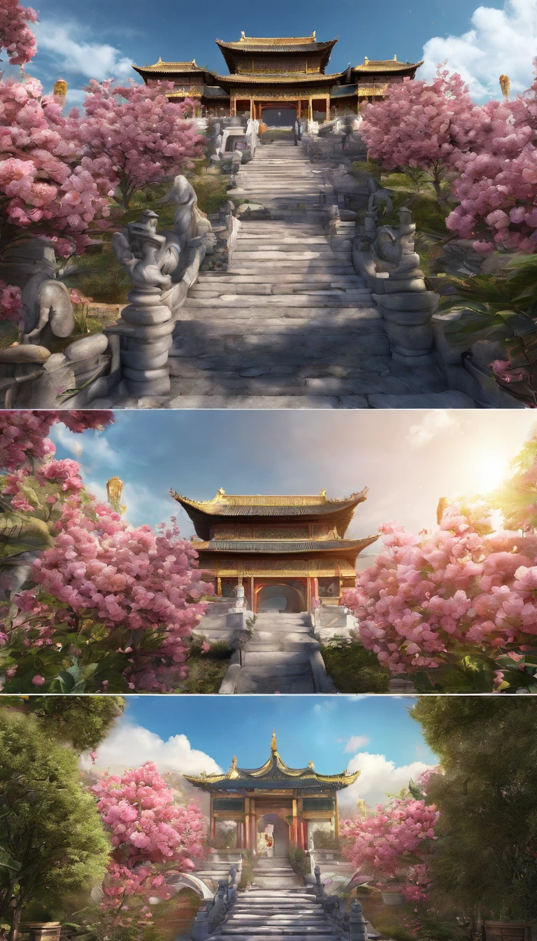 Gorgeous golden Chinese palace, CG rendering Chinese style, overlooking, mythology, fairyland, surrounded by roses, rose path. Rose bushes, clear and bright roses, lighting effects, dreams, starry sky, super details, illustrations, 16K unreal engine, ethereal clouds. Moon Palace, HD 16K processing,,HD --ar 9:16