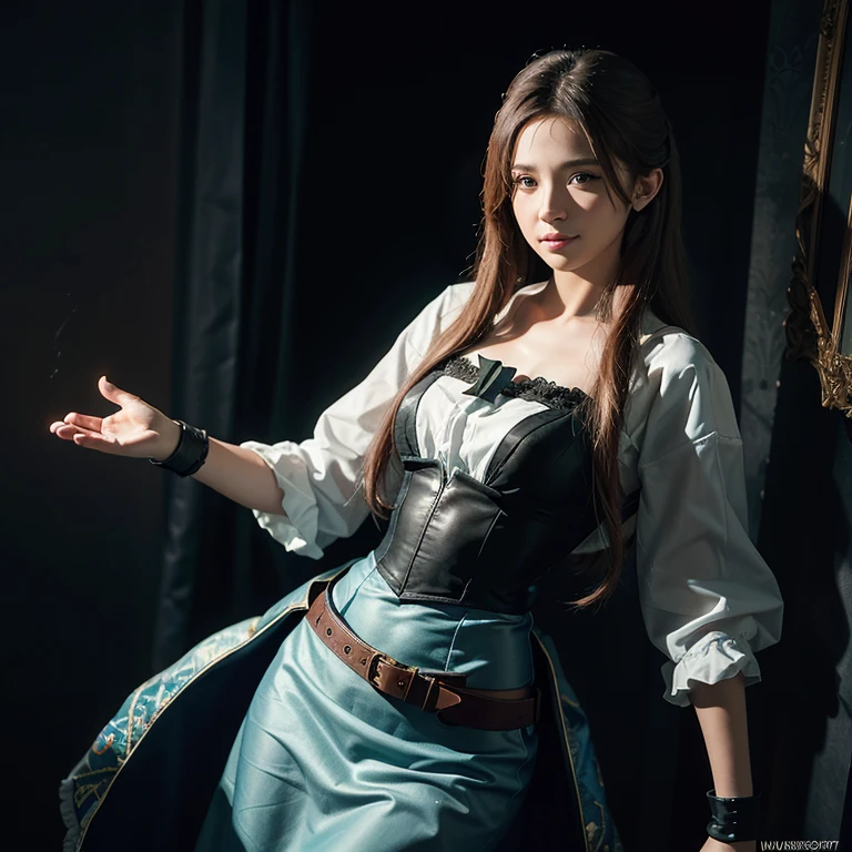 (front focus), (in the dark:1.6), Hyperrealist portrait of female by david hockney and alphonse mucha, fantasy art, photo realistic, dynamic lighting, artstation, poster, volumetric lighting, very detailed faces, 4 k, award winning, 1girl, in the dark, deep shadow, low key, cowboy shot, (official clothing:1.4), long hair, white hair, smile, ultra detailed skin,