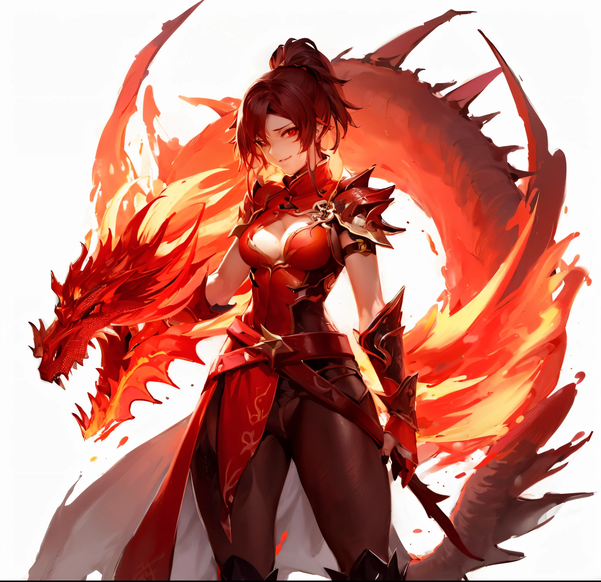 anime character with red fire dragon and red dress, dragon girl, by Yang J, human and dragon fusion, g liulian art style, dragon knight, fire dragon, dragon queen, rossdraws 1. 0, as a badass monster hunter, by Ren Xiong, alice x. zhang, nezha, by Shen Zhou, rossdraws sakimimichan