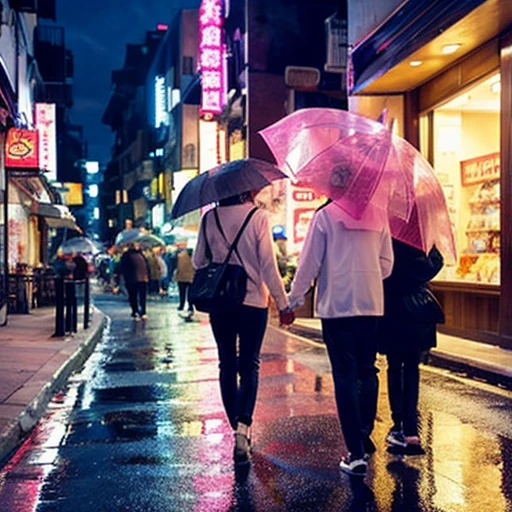 Sateen、Night town、young men and women face each other、two umbrellas、The umbrella is pink、Right in the middle of the path、Cloud of Hearts、