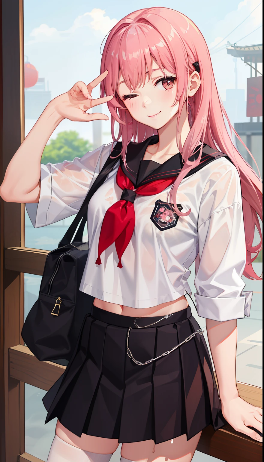 1girl in、AS-Adult、glad、But、angry、one eye closed、put out the tongue、(Tsundere)、The shirt、skirt by the、(small tits)Chilarism、Japan High School Student Uniform、serafuku、summer clothing、(Sheer Bra)、Upper body portrait、horse ear(Uma Musume)、
