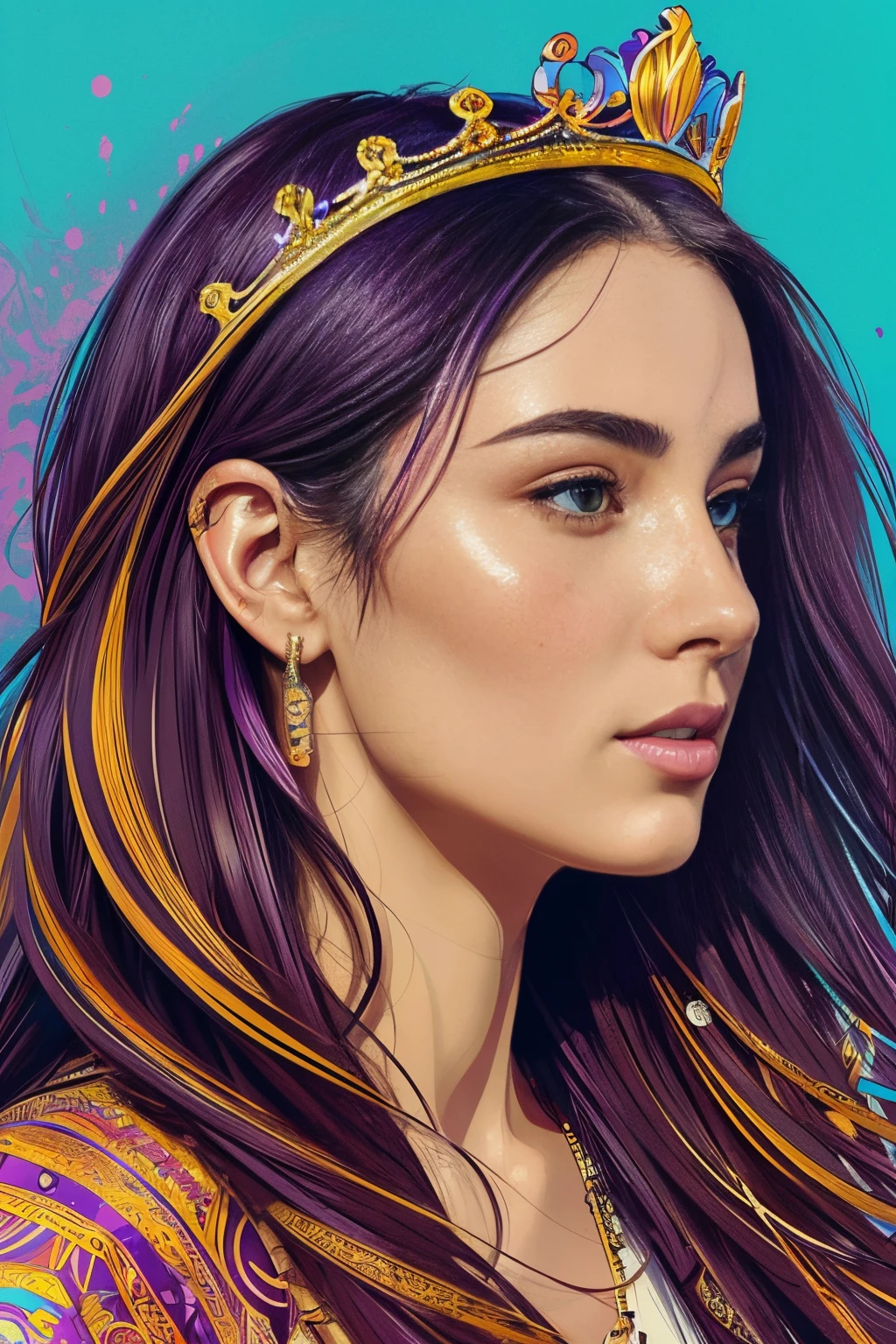 Highly detailed, High Quality, Masterpiece, beautiful, FISideRight cafe, right side face angle, 1girl, solo, ((best quality)), ((masterpiece)), (detailed), perfect face, abstract beauty, Create a digital art work in pop art style, luxury elegance bold with hint of feminine, happy & youthful, authentic, brave, princess wearing crown, (purple), (gold), centered, key visual, intricate, highly detailed, breathtaking beauty, precise lineart, vibrant, comprehensive cinematic, Carne Griffiths, Conrad Roset, vector art, Colorful graffiti illustration, (the most beautiful portrait in the world:1.5)