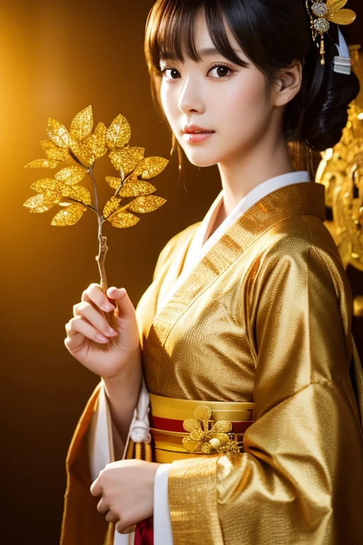 Close-up of a woman holding a tree branch in her hands, Digital art inspired by Jinnon, trending on cg society, Digital Art, japonisme 3 d 8 k ultra detailed, beautiful digital works of art, artwork in the style of guweiz, 3 d anime realistic, elegant japanese woman, realistic anime 3 d style, realistic digital art 4 k,gold background,Golden Luck,kimono,directly in front,Golden Luck,Mysterious,spiritual,japanes,21years old,a beauty girl,one girls,directly in front,facing front,