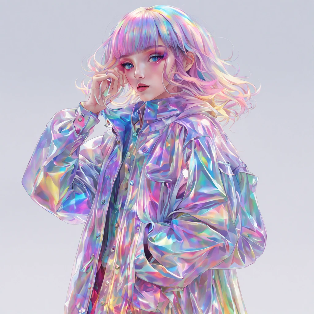 transparent color PVC clothing, transparent color vinyl clothing, prismatic, holographic, chromatic aberration, fashion illustration, masterpiece,model woman with harajuku high fashion, looking at viewer,beautiful eyes, 8k, ultra detailed, pixiv,(full body shot),rainbow theme