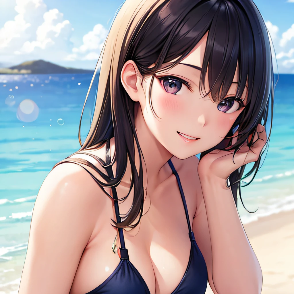 photographrealistic, (masutepiece,Best Quality:1.4),(8K,Raw photo,photographrealistic:1.2), Detailed skin,Detailed face,1girl in,Japanese Idol,Cute face, Black hair,slender, shiny eyes, Smile, BREAK (Side view:0.6), Cute Bikini