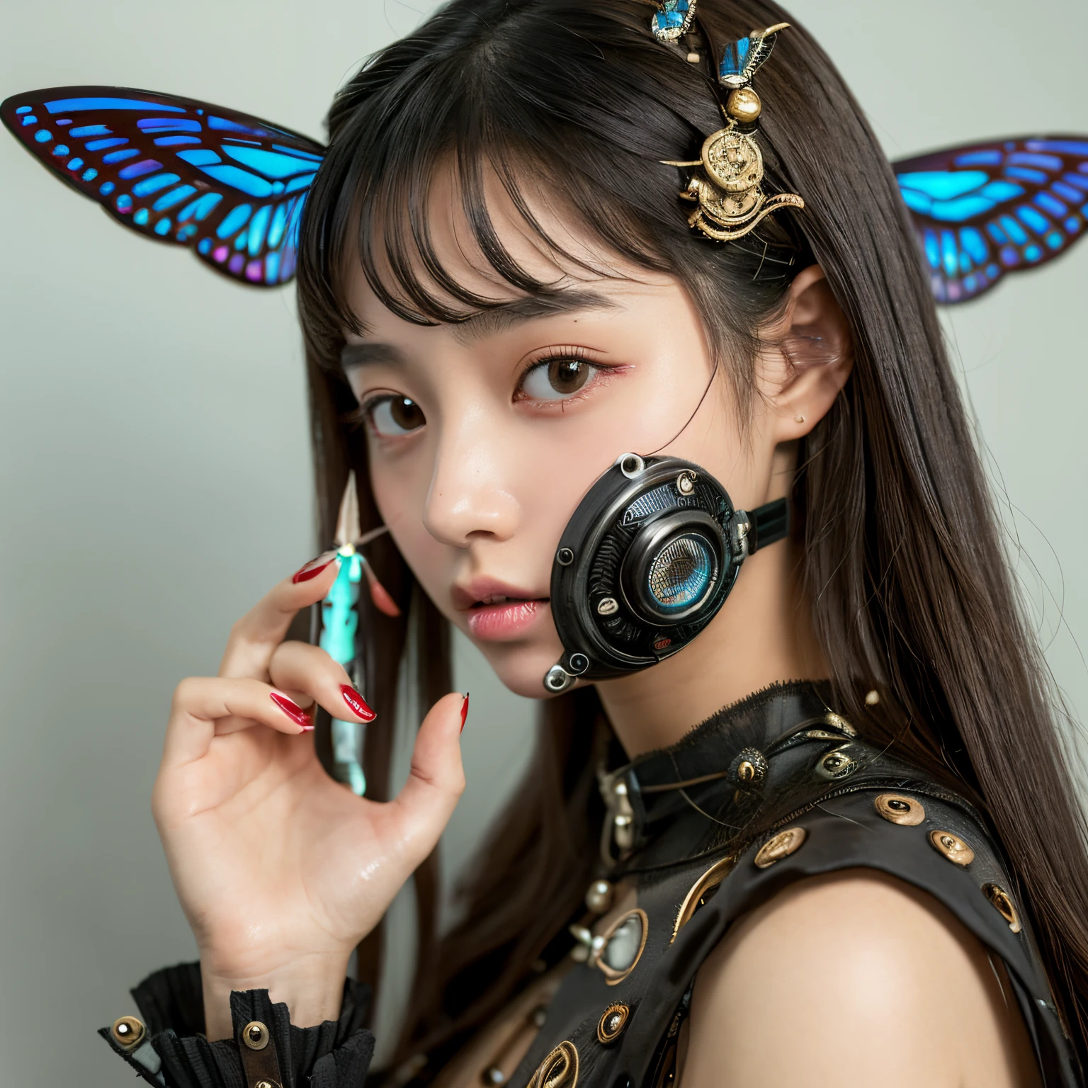 top-quality、​masterpiece、超A high resolution、(Photorealsitic:1.4)、absurderes、(Mechanical girl&#39;s best long shot photo)、(koh_amberheard:0.8)、fantasy scifi creature、hyper realstic、steampunc、intricate designs、insanely detaileda、finely detail、SteamPunkAI、to be continued、Beautiful fece、many transparent tubes plugged in、smooth lips、Wet eyes、12 year old girl、prosthetic hand、insect wings、