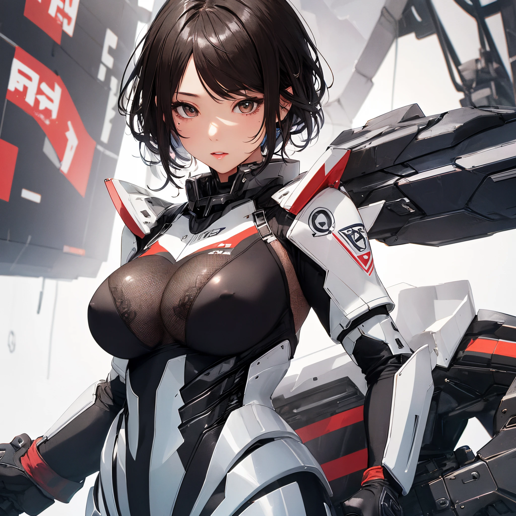 ​masterpiece、Top image quality、Black hair、Black bra、Colossal tits、mechs、animesque、8K,​masterpiece, bset quality,Colossal tits、（1girl in）、((Pit Girl Suit))、shinny skin、Shiny big、dark-brown eyes、 ((top-quality))、 Crisp focus:1.2、Highly detailed facial and skin texture、A detailed eye、face perfect、perfect bodies、art by、nffsw、Blur the background、japanes、Big breasts with a strong presence、Circuit field、Blur the background、Cowboy Shot、