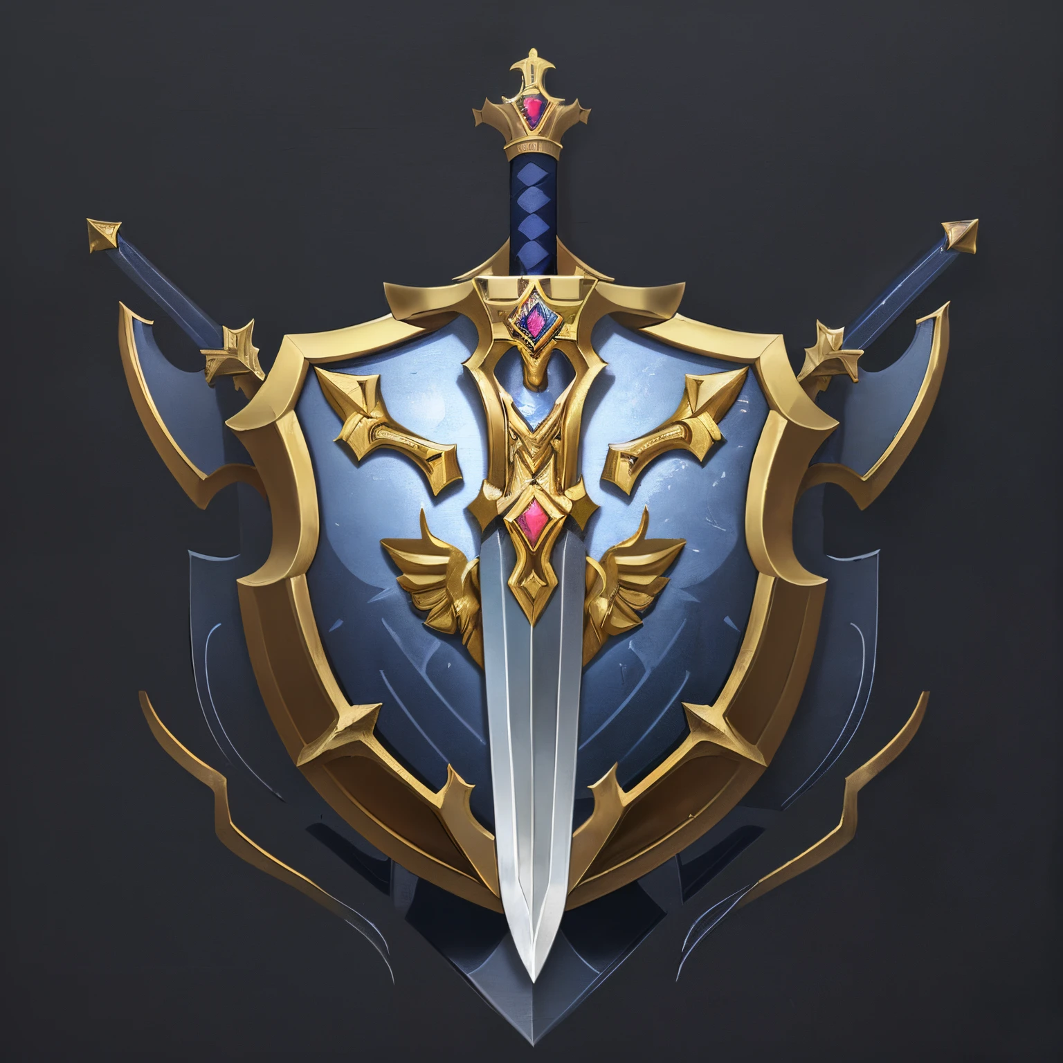 (tmasterpiece, top-quality, Best quality at best, offcial art, Beauty and aesthetics:1.2), (8K, Best quality at best, tmasterpiece:1.2),A shield, simple,The sword,arma,badges,Metallic,armour,tiara crown,Symmetrical geometry,symmetric beauty,Two-dimensional style,with black background