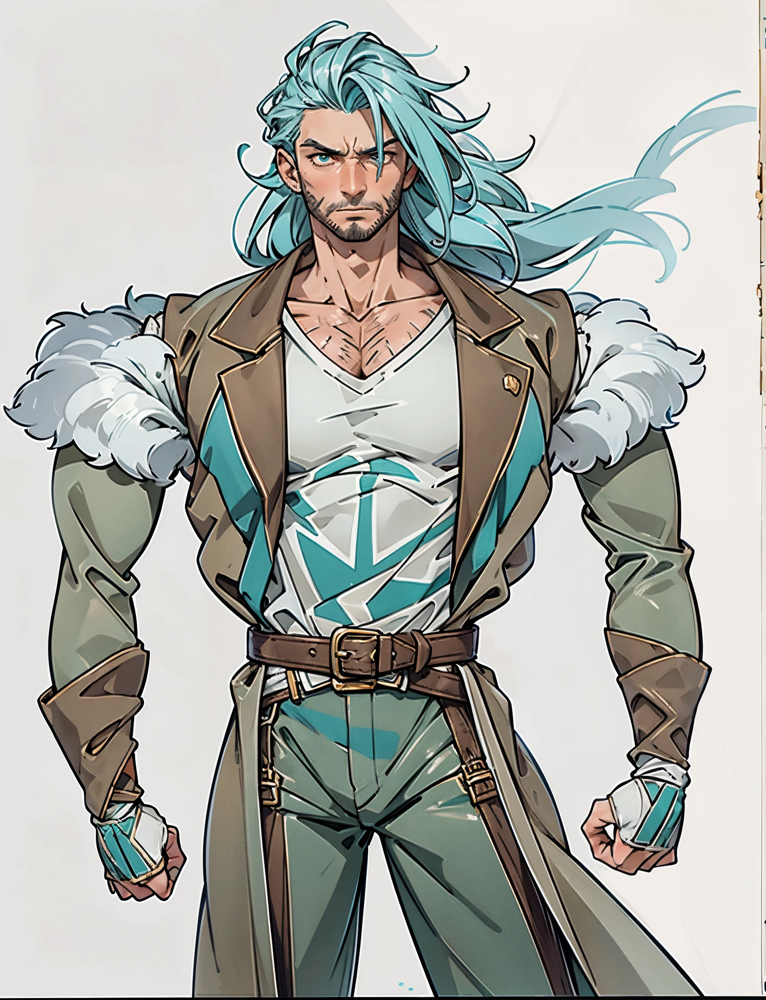 A middle-aged man, long teal hair, wild and disheveled hairstyle, determined gaze, a serious expression, noble features, some stubble, a simple fantasy-style two-piece hunter outfit, a short-sleeved gray shirt, a brown fur-lined coat, a cloth belt cinches his waist, ribbons wrap around his entire arm, coarse fabric pants, stands proudly atop a mountain peak, this character embodies a finely crafted fantasy-style hunter in anime style, exquisite and mature manga art style, high definition, best quality, highres, ultra-detailed, ultra-fine painting, extremely delicate, professional, anatomically correct, symmetrical face, extremely detailed eyes and face, high quality eyes, creativity, RAW photo, UHD, 8k, Natural light, cinematic lighting, masterpiece-anatomy-perfect, masterpiece:1.5