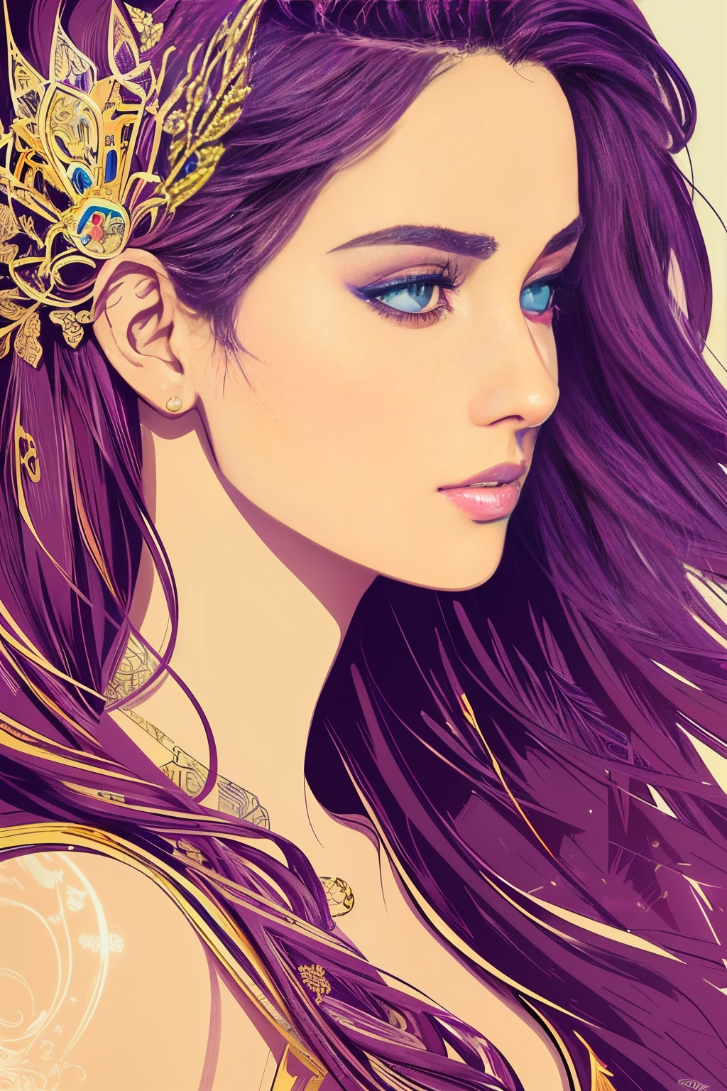 Highly detailed, High Quality, Masterpiece, beautiful, FISideRight cafe, right side face angle, 1girl, solo, ((best quality)), ((masterpiece)), (detailed), perfect face, abstract beauty, Create a digital art work in pop art style, luxury elegance bold with hint of feminine, happy & youthful, authentic, brave, princess wearing crown, (purple), (gold), centered, key visual, intricate, highly detailed, breathtaking beauty, precise lineart, vibrant, comprehensive cinematic, Carne Griffiths, Conrad Roset, vector art, Colorful graffiti illustration, (the most beautiful portrait in the world:1.5)