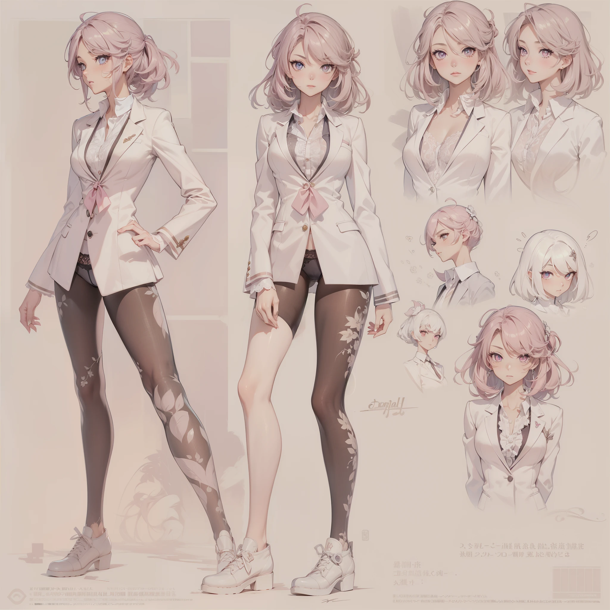 ((tmasterpiece, Best quality at best)), 详细的脸, character design sheet,Full body lesbian, proporções perfeitas,be full of details, multiple postures and expressions, The is very detailed, Depth-of-fie, many parts,Beautiful teenage girl,Business suit,lace panty hose,light pink pupils,Epic and beautiful character art,natural soft light