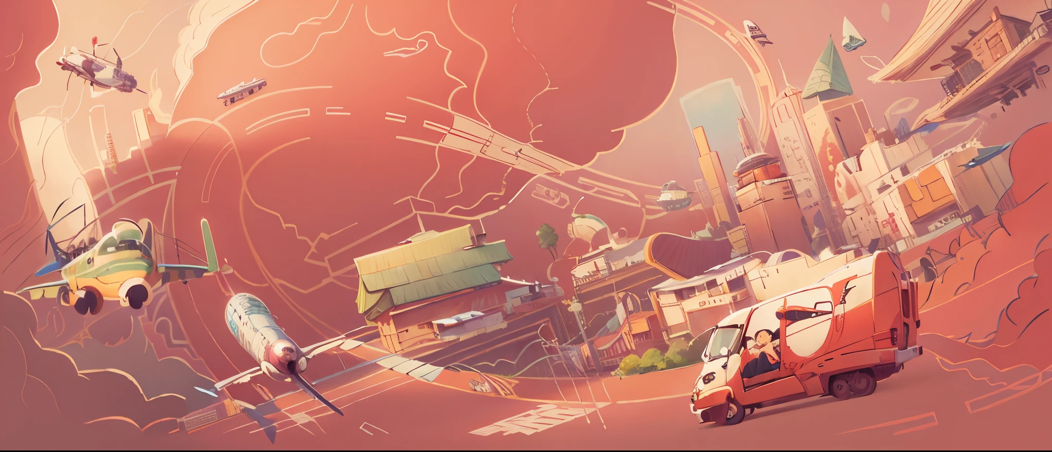 A city map with many buildings and an airplane, Anime City