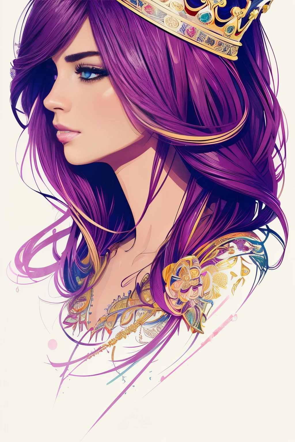 Highly detailed, High Quality, Masterpiece, beautiful, FISideRight cafe, right side face angle, 1girl, solo, ((best quality)), ((masterpiece)), (detailed), perfect face, abstract beauty, Create a digital art work in pop art style, luxury elegance bold with hint of feminine, happy & youthful, authentic, brave, princess wearing crown, (purple), (gold), centered, key visual, intricate, highly detailed, breathtaking beauty, precise lineart, vibrant, comprehensive cinematic, Carne Griffiths, Conrad Roset, vector art, Colorful graffiti illustration, (the most beautiful portrait in the world:1.5)