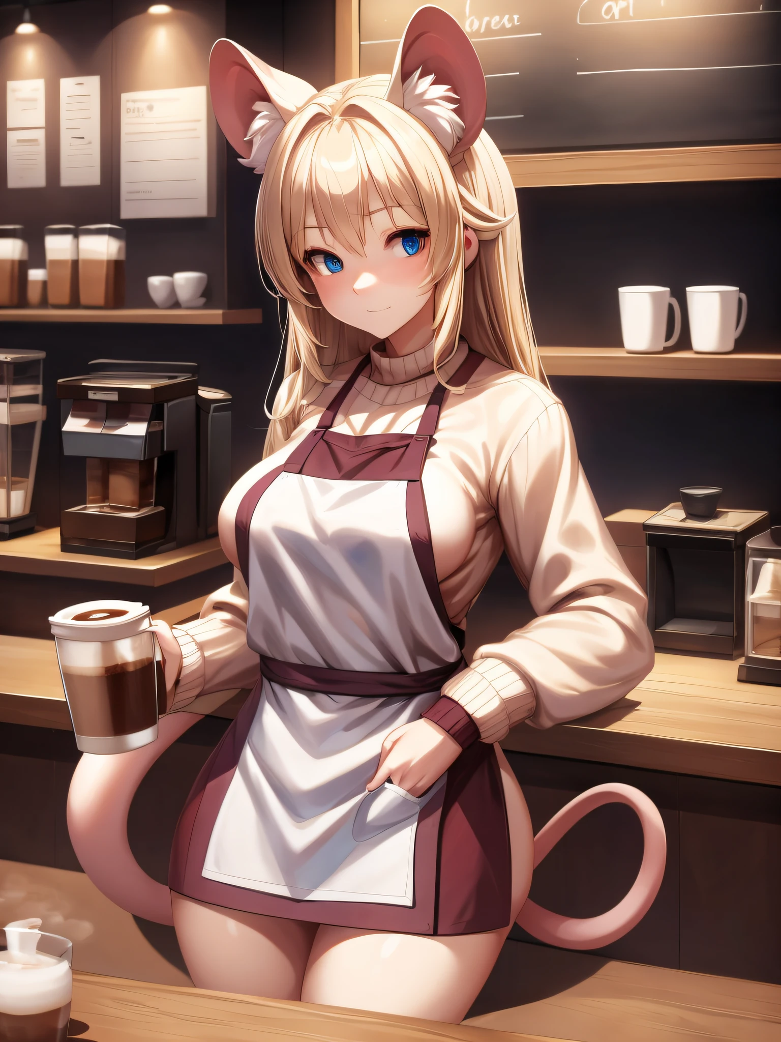 (Masterpiece) (High Detail) (High Res) A short humanoid girl with pale skin and long blonde hair and blue eyes and fluffy mouse ears and a long thin mouse tail and average breasts is stood behind the counter of a coffee shop serving coffee as a barista. She is wearing a white sweater with a burgundy apron over the top.