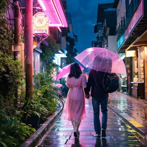Sateen、Night town、young men and women face each other、two umbrellas、the umbrella is pink、Right in the middle of the path、Cloud of Hearts、Beautiful night sky、inorganic cityscape、No plants