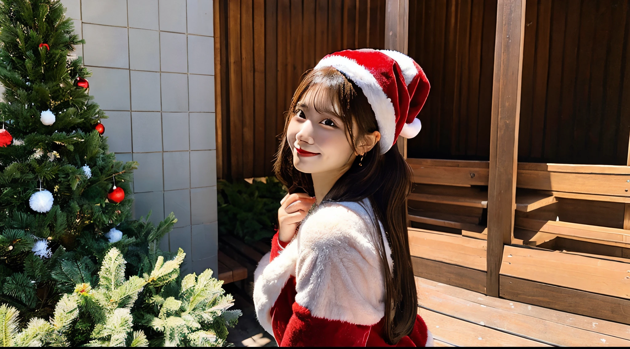 Cute female Santa Claus in a red miniskirt