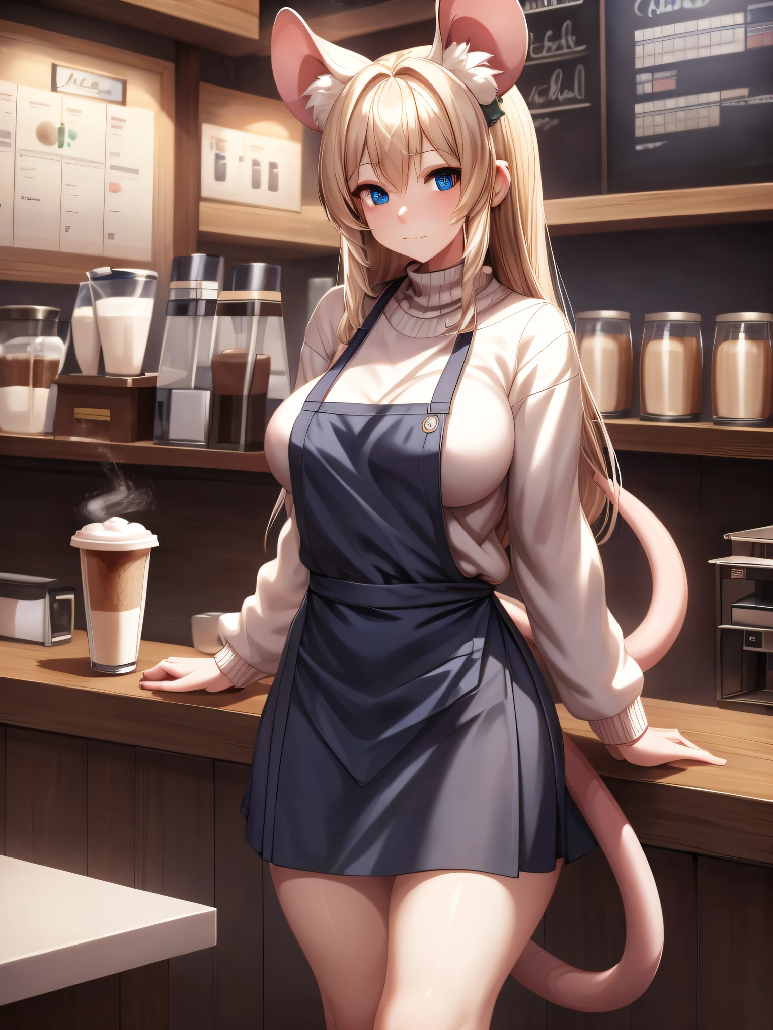 (Masterpiece) (High Detail) (High Res) A short humanoid girl with pale skin and long blonde hair and blue eyes and fluffy mouse ears and a long thin mouse tail and average breasts is stood behind the counter of a coffee shop serving coffee as a barista. She is wearing a white sweater with a burgundy apron over the top, and a black skirt.