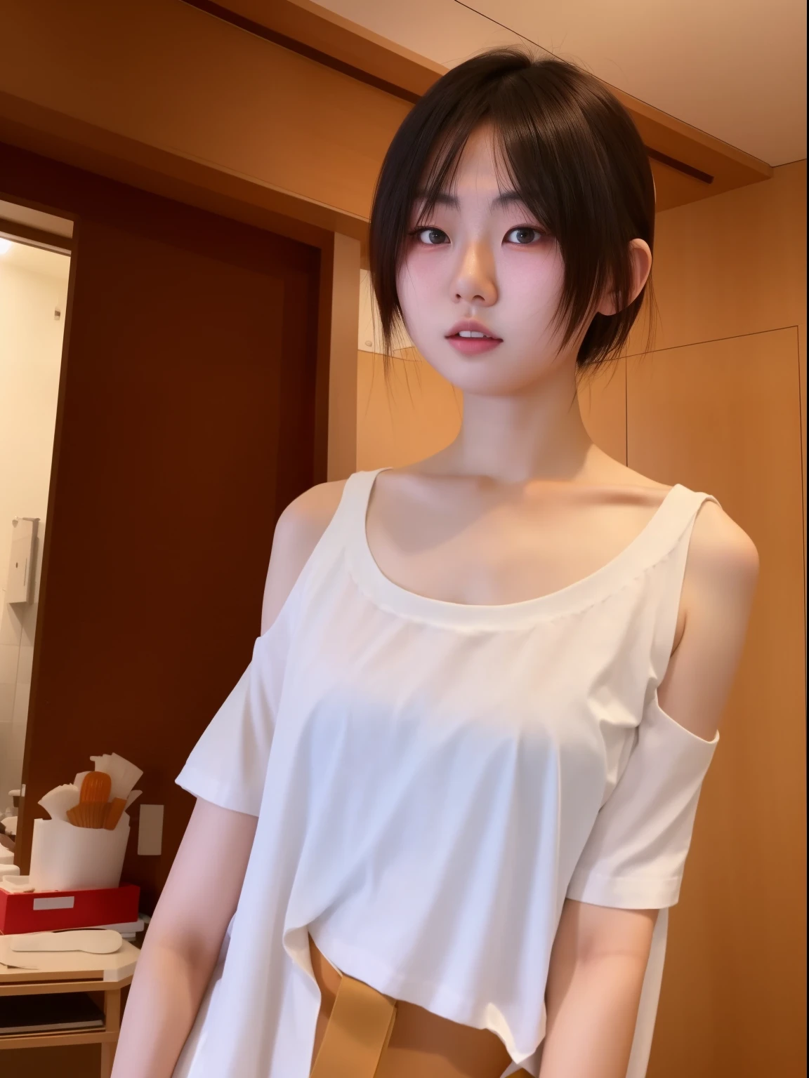1个Giant Breast Girl, ChineseGirl, 21yo, Alone, Keep your arms behind your back, 3/4 guns, Young sensual gravure idol, Young and beautiful gravure idol, actual, Best quality at best, Instagram, exposed bare shoulders, white  shirt, short detailed hair