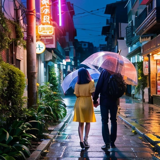 Sateen、Night town、young man and woman facing each other、two umbrellas、the umbrella is yellow、Right in the middle of the path、Beautiful night sky、inorganic cityscape、