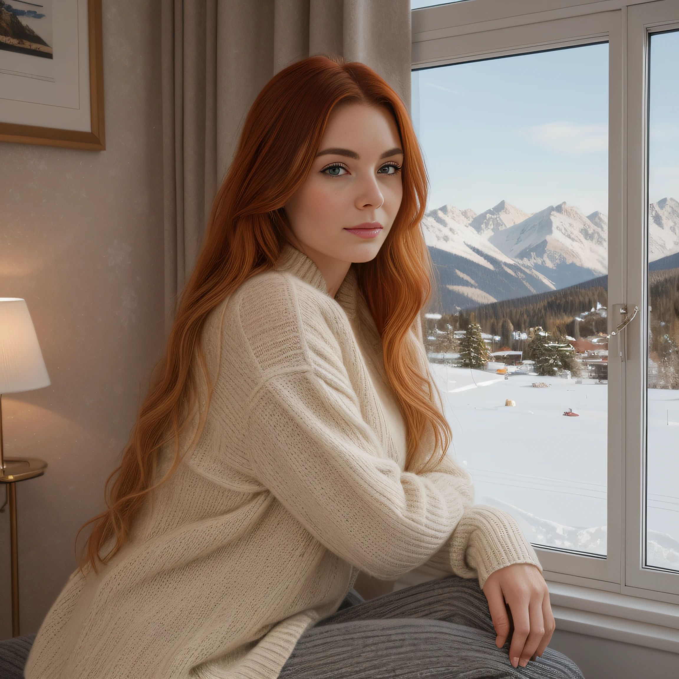 Photo RAW, a beautiful redhair woman, long red hair with blonde tips, wearing only a luxurious sweater, sitting in front of a large window to the view of the snow of Saint Moritz, in a luxurious hotel