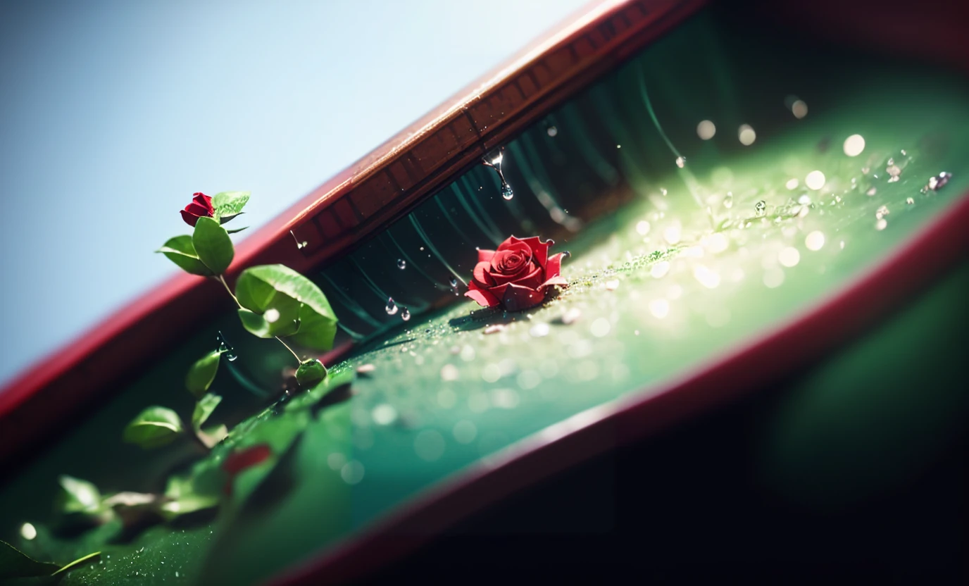 A red rose sits on a green surface, Roses in movie lights, after rainny, after rainny, red rose, Beautiful photorealistic images, Realistic photography, Shot with a Canon EOS R5, Shot with Canon eos r 5, Highly realistic photos, Alexei Egorov, high detail photography, miniature photography closeup, Highly detailed photography, rosette