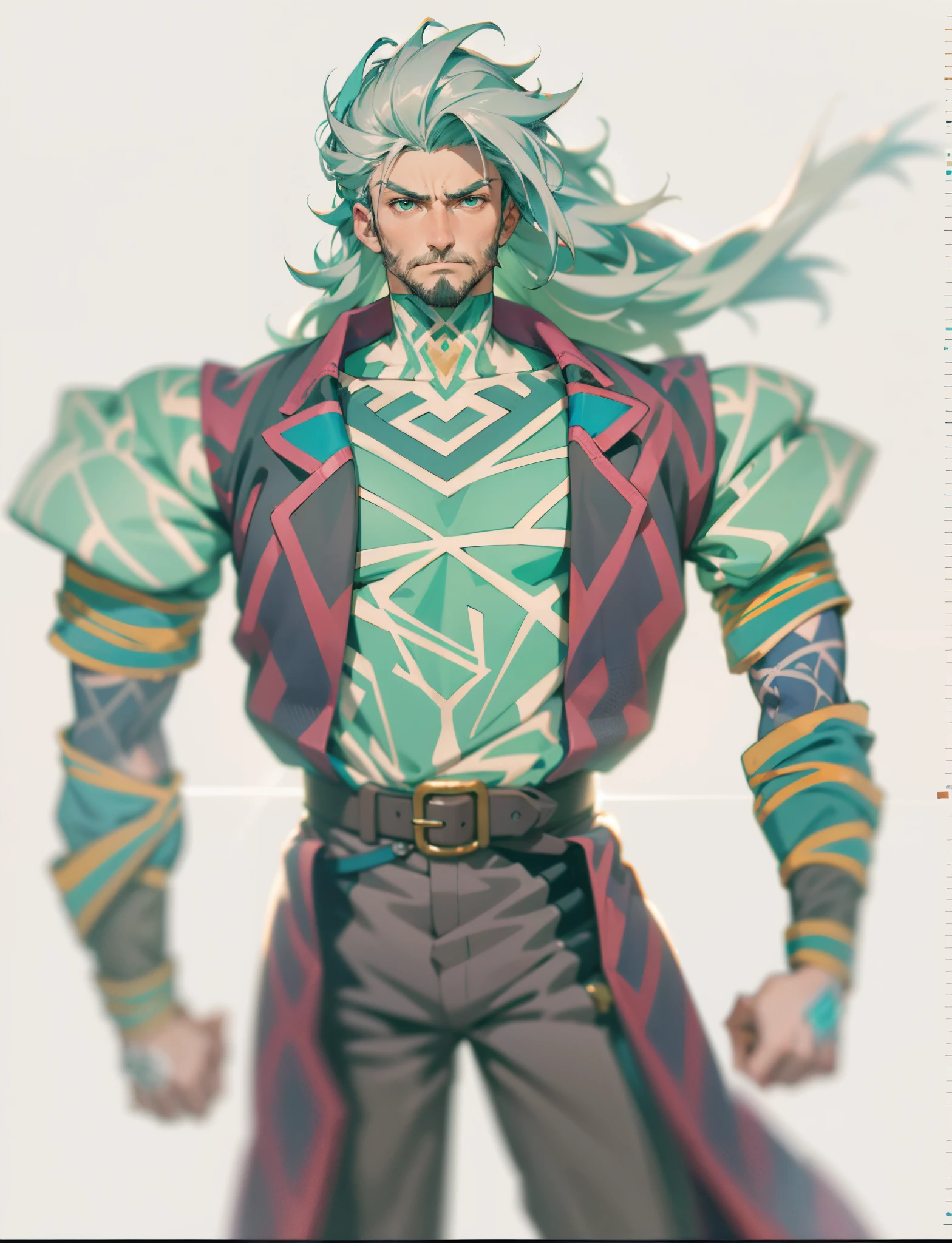 A middle-aged man, long teal hair, wild and disheveled hairstyle, determined gaze, a serious expression, noble features, some stubble, a simple fantasy-style two-piece hunter outfit, a short-sleeved gray shirt, a brown fur-lined coat, a cloth belt cinches his waist, ribbons wrap around his entire arm, coarse fabric pants, stands proudly atop a mountain peak, this character embodies a finely crafted fantasy-style hunter in anime style, exquisite and mature manga art style, high definition, best quality, highres, ultra-detailed, ultra-fine painting, extremely delicate, professional, anatomically correct, symmetrical face, extremely detailed eyes and face, high quality eyes, creativity, RAW photo, UHD, 8k, Natural light, cinematic lighting, masterpiece-anatomy-perfect, masterpiece:1.5