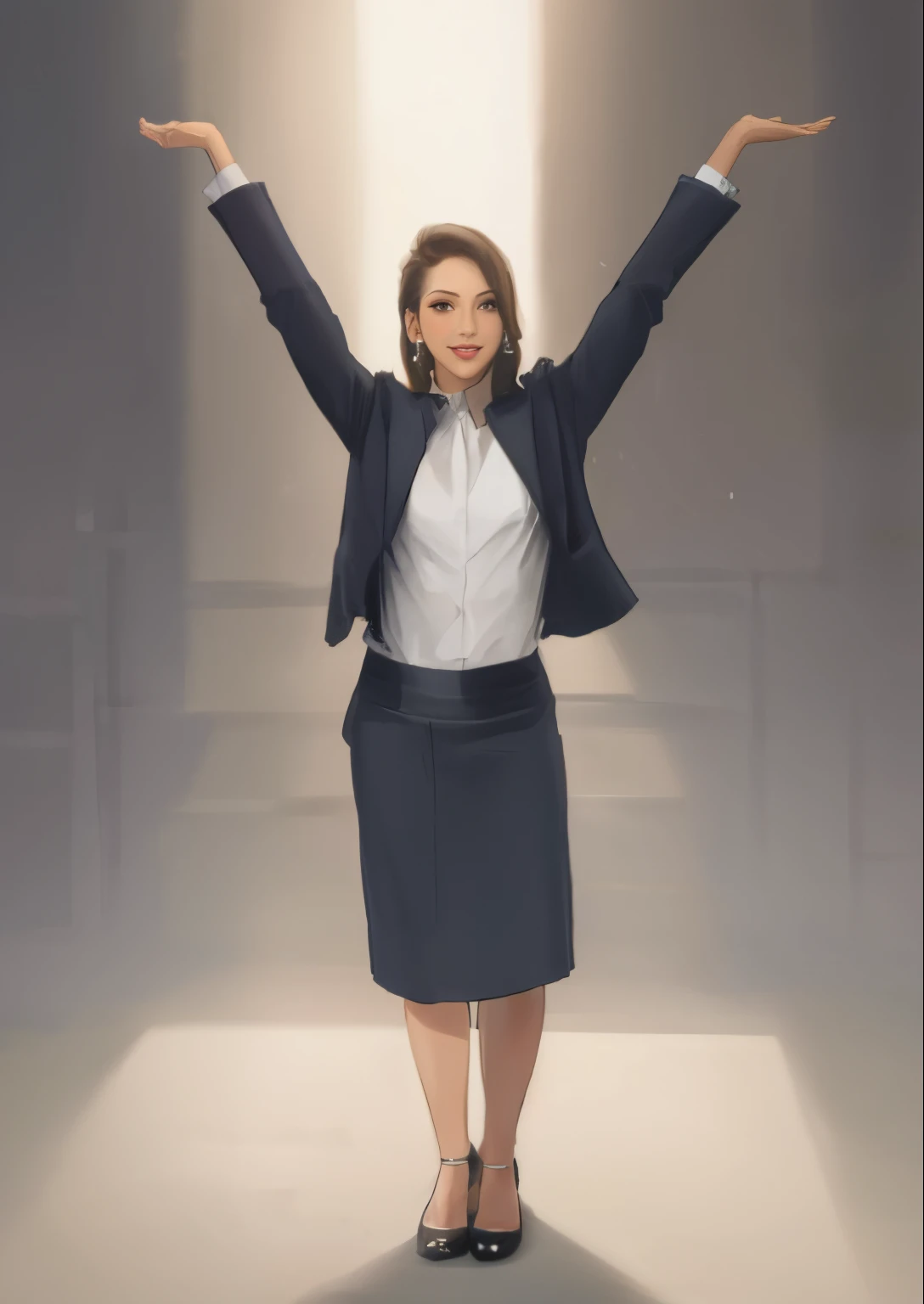 Dibujo de una mujer de traje con los brazos levantados.