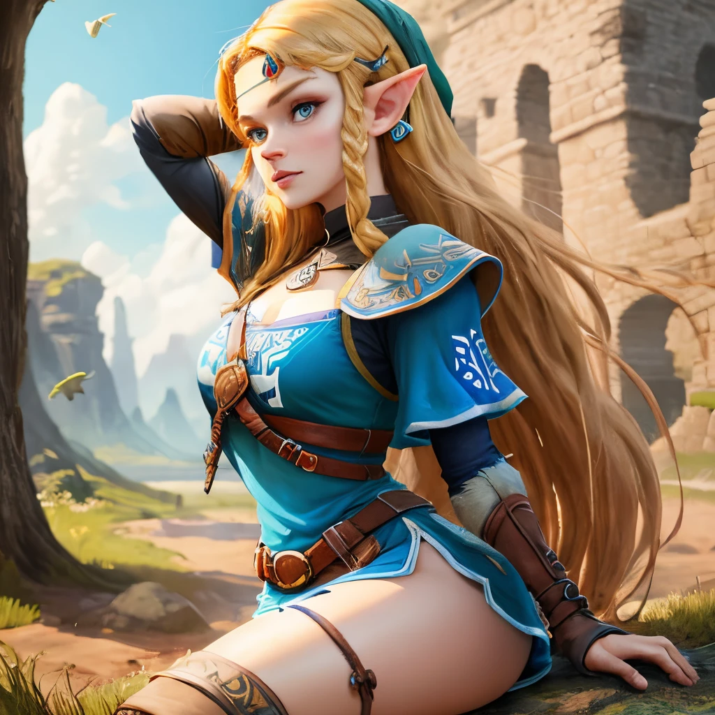 link,the legend of zelda,anklet,blonde hair,blue eyes,elf ears,femboy,girly,long hair,necklace,solo