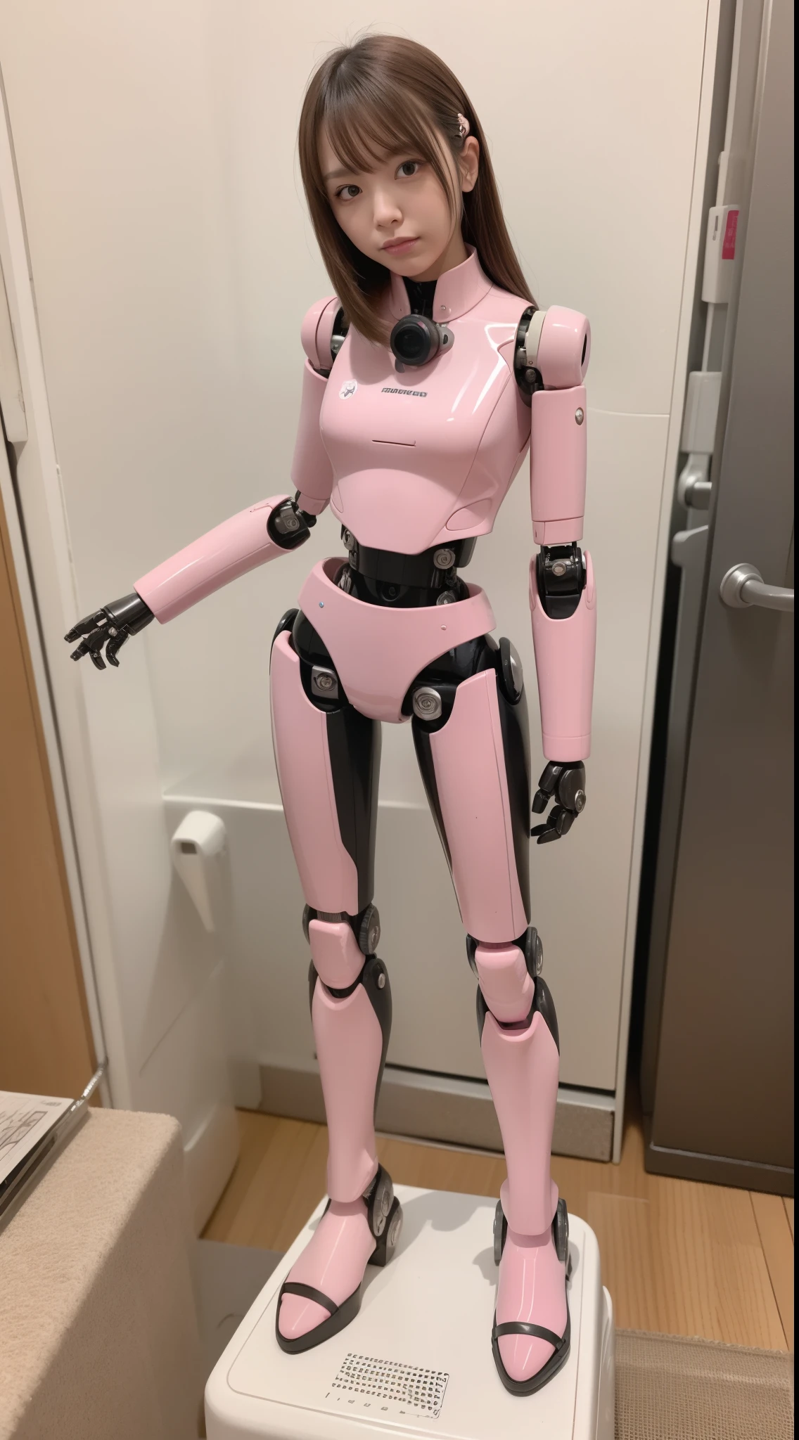 Robot Girl, pink there, Silver, Metallic body, Robot Parts, Metal Parts, Super Detailed Face, Super well-formed face, of the highest quality, a small face, a small head, Brown hair, Slender body, Camera gaze, Internal Mechanical Exposure, Idol, front facing, Well-proportioned body, gravure, Photo session, Akihabara, Moe Pose, Standing with legs open, Model body type, sad, Embarrassing,(Perfect Robot Girl),(Perfect machine body)