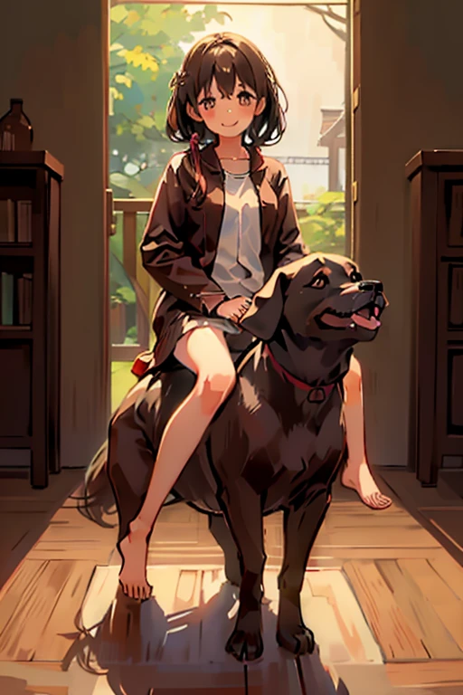 1girl, best quality, masterpiece, uzaki tsuki riding on a chocolate lab \(dog\) barefoot, smile, naked, tall, smaller dog