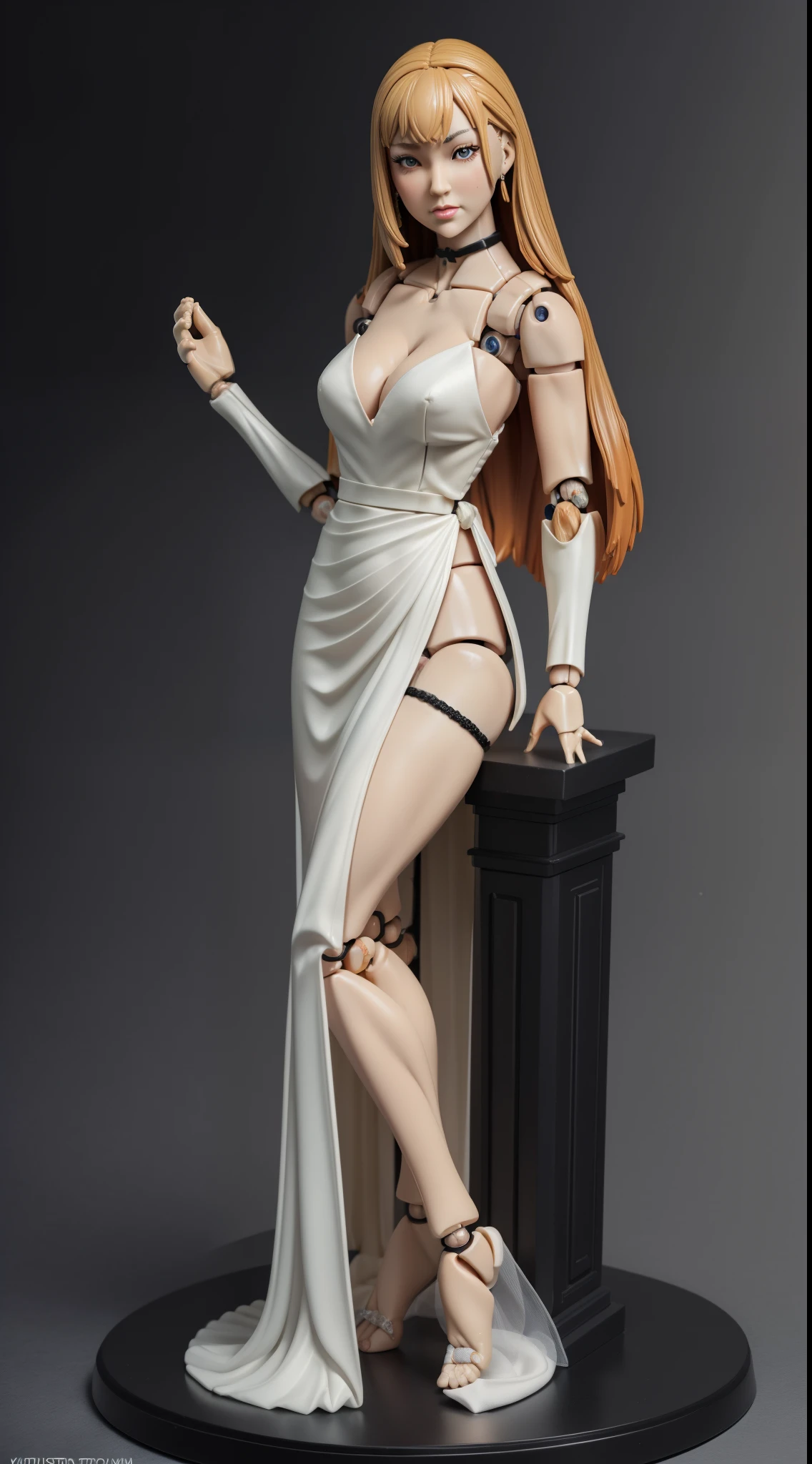 (masterpiece), (action figure doll:1.5), (stands on a pedestal:1.5), full body, (1girl), marinkitagawa, marin kitagawa, blonde hair, choker, ear piercing, earrings, long hair, piercing, (red eyes), straight hair, swept bangs, black necktie, (wedding dress, veils bride), cleavage, looking at viewer, (detailed eyes), detailed face, (perfect hands, perfect anatomy), against a clean white background, illuminated by artificial light, front view camera shot, wide shot