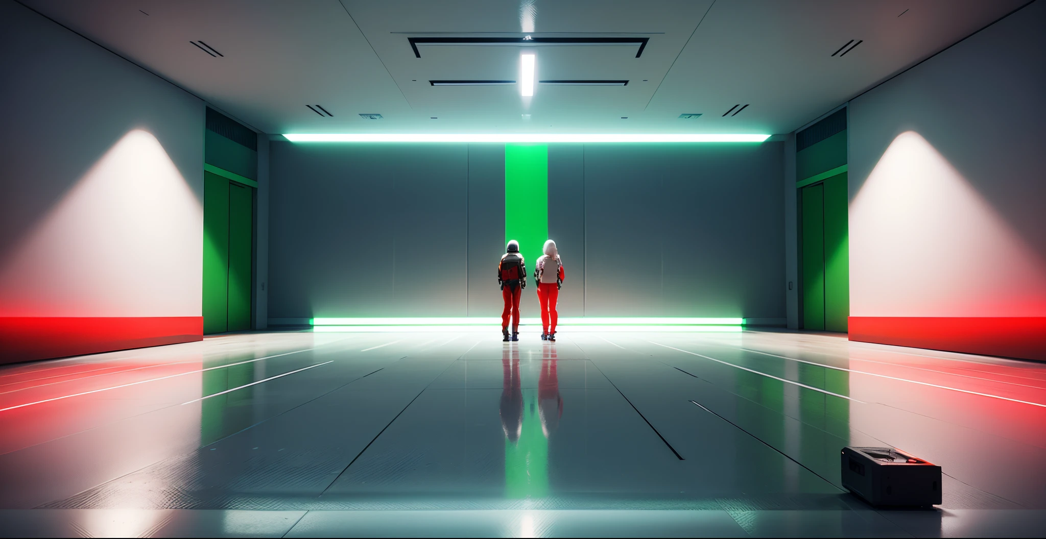 There are no figurative walls,Abstract pure white minimalist space,A room full of technology,There were 150 people standing,There is a square at each person's feet,Flashing red and green lights,Top-down view,Several spotlights on the walls illuminate the environment,and its meticulous precision,Virtual Engine,Movie lighting,