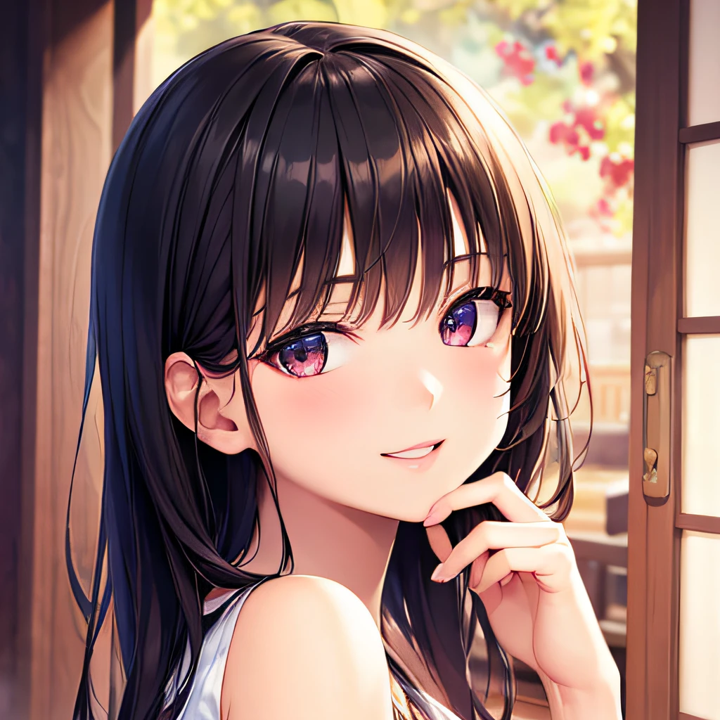 photographrealistic, (masutepiece,Best Quality:1.4),(8K,Raw photo,photographrealistic:1.2), Detailed skin,Detailed face,1girl in,Japanese Idol,Cute face, Black hair,slender, shiny eyes, Smile, BREAK (Side view:0.6), Cute clothes