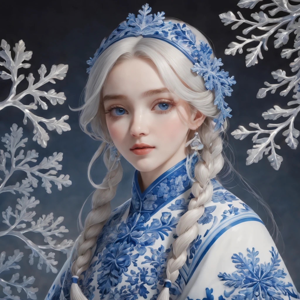 best quality,4k,8k,highres,masterpiece:1.2,ultra-detailed,realistic:1.37,portrait,exquisite snowflake patterns,blue and white porcelain, close-up, delicate and intricate details, traditional craftmanship, vibrant colors, shining glaze, fine brush strokes, refined artistry, lustrous finish, studio lighting