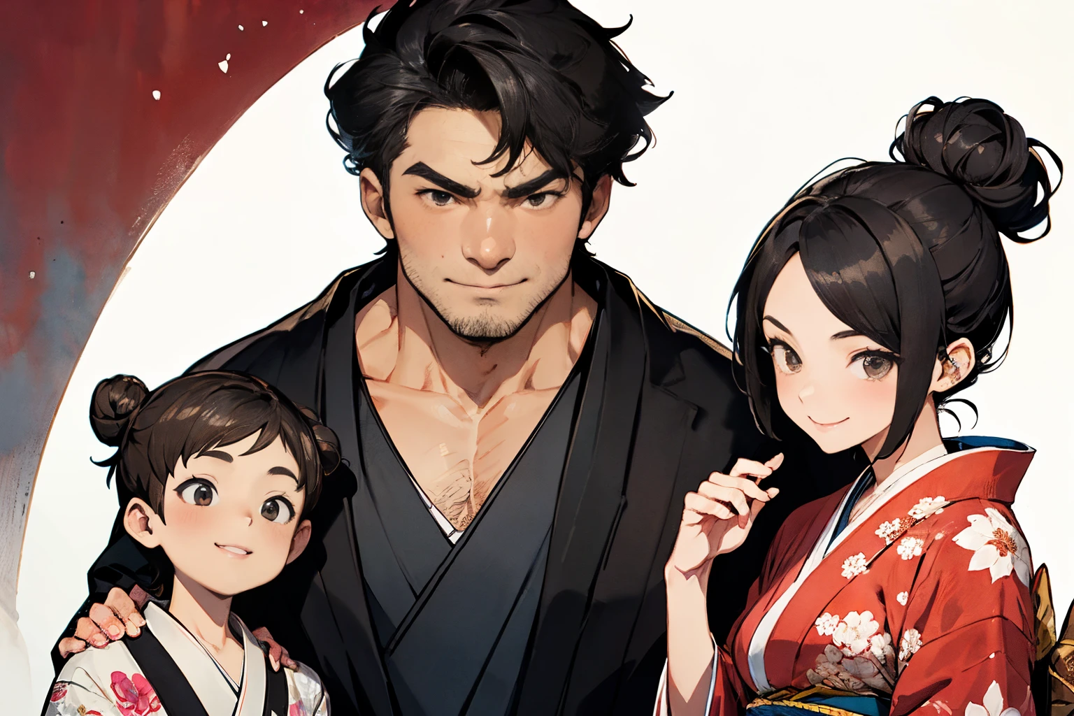 couple, wife and husband, 1boy 1girl, ((muscle man with short black hair)), woman with brown hair with bun head, Kimono, ultra detailed, watercolor painting, Kimono, smile, eye contact
